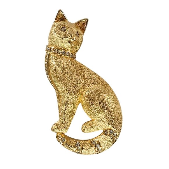 Vintage Christian Dior Gold Tone Siamese Cat Brooch with Clear Crystal Stones